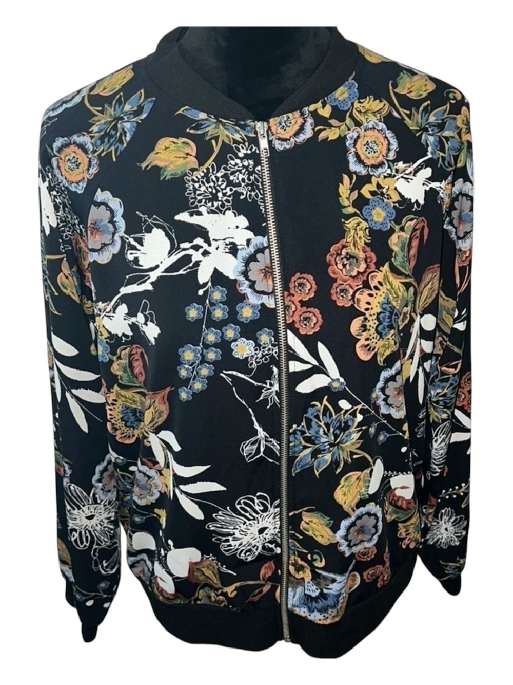 West Kei Black Floral Zip Front Bomber Jacket, Excellent Condition